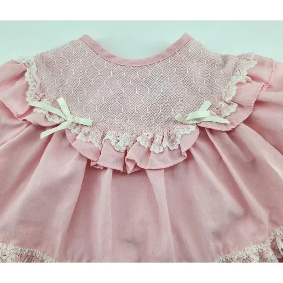 Vtg Baby Girls Pink Tiered Ruffle White Lace Trim Dress/Bloomers RN 50255 Sz 18M - Picture 3 of 16